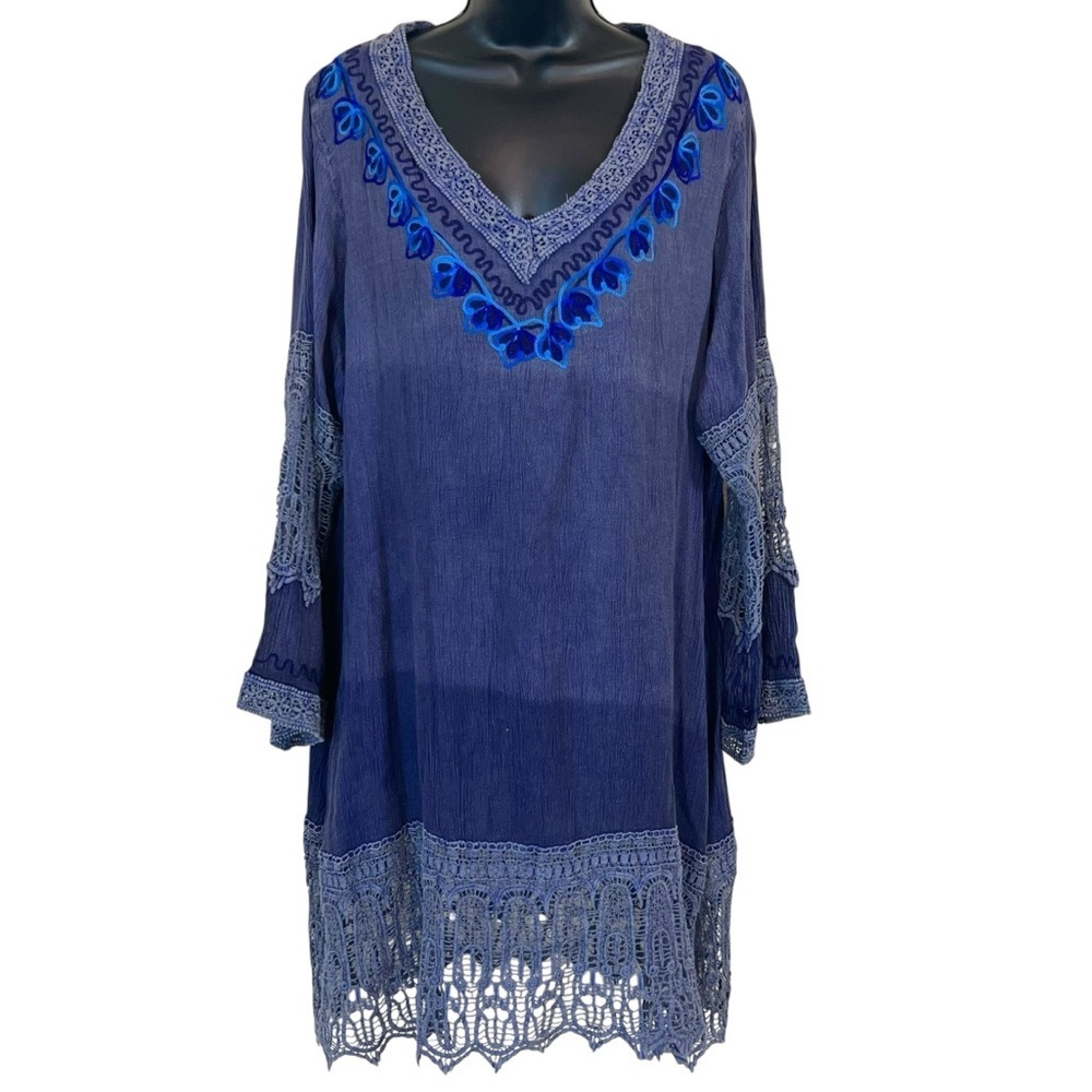 Shoreline Wear Boho Ombre Floral Embroidered Neckline Rayon Tunic Top